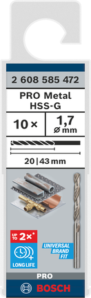 Broca helicoidal Bosch PRO Metal HSS-G de 1,7 mm (pacote).